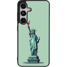 Coque Samsung Galaxy S24 - Silicone rigide noir Wine Statue de la liberté avec un verre de vin