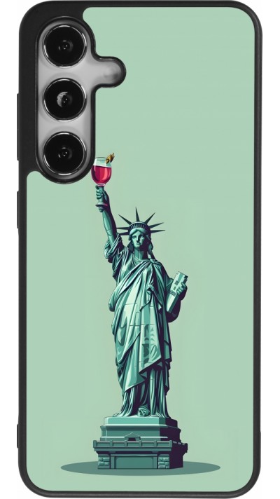 Coque Samsung Galaxy S24 - Silicone rigide noir Wine Statue de la liberté avec un verre de vin
