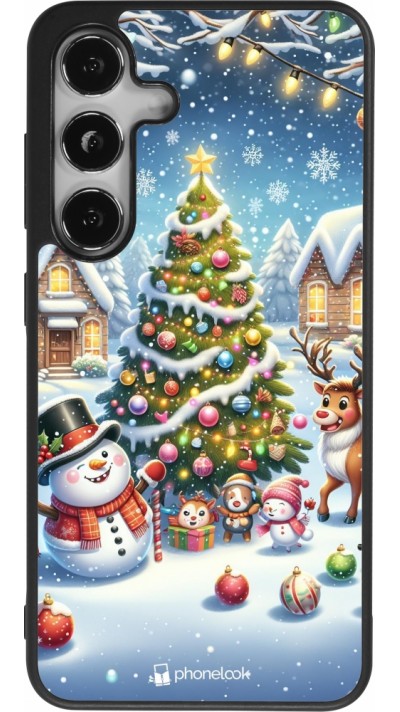 Coque Samsung Galaxy S24 - Silicone rigide noir Noël 2023 bonhomme de neige et sapin