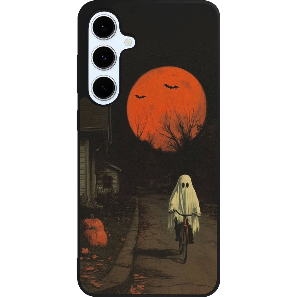 Coque Samsung Galaxy S24 FE - Silicone rigide noir Halloween 2025 Ghost on a bicycle