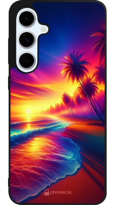 Coque Samsung Galaxy S24 FE - Silicone rigide noir Plage coucher soleil flashy