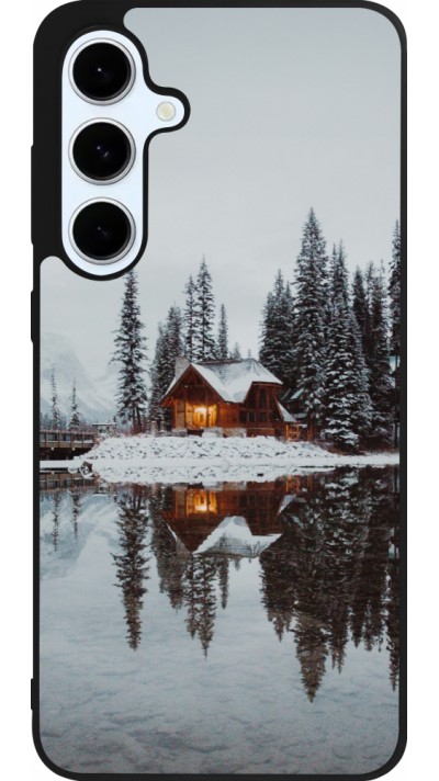 Coque Samsung Galaxy S24 FE - Silicone rigide noir Winter 25 Winter house forest afternoon