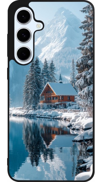 Coque Samsung Galaxy S24 FE - Silicone rigide noir Winter 25 Winter house forest day