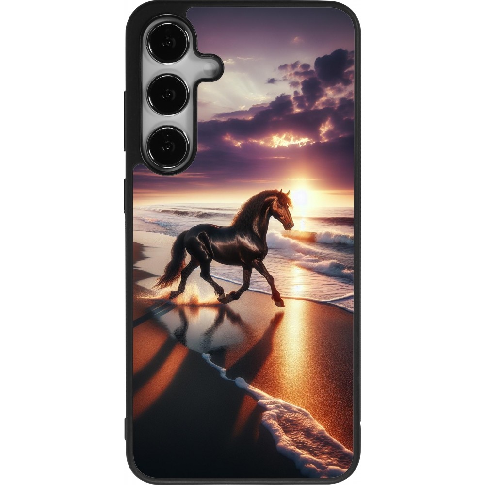 Coque Samsung Galaxy S24+ - Silicone rigide noir Cheval majestueux plage