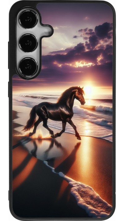 Coque Samsung Galaxy S24+ - Silicone rigide noir Cheval majestueux plage
