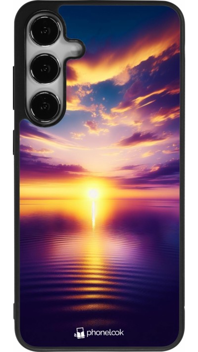 Coque Samsung Galaxy S24+ - Silicone rigide noir Coucher soleil jaune violet