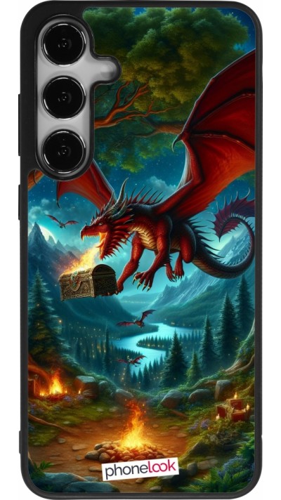 Coque Samsung Galaxy S24+ - Silicone rigide noir Dragon Volant Forêt Trésor