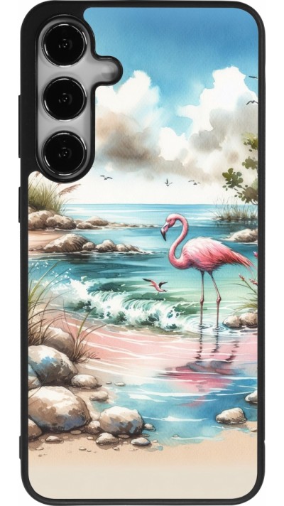 Coque Samsung Galaxy S24+ - Silicone rigide noir Flamant rose aquarelle