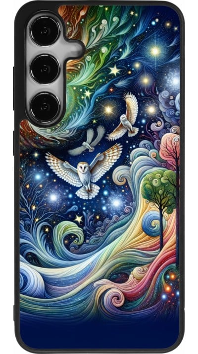 Coque Samsung Galaxy S24+ - Silicone rigide noir hibou volant floral