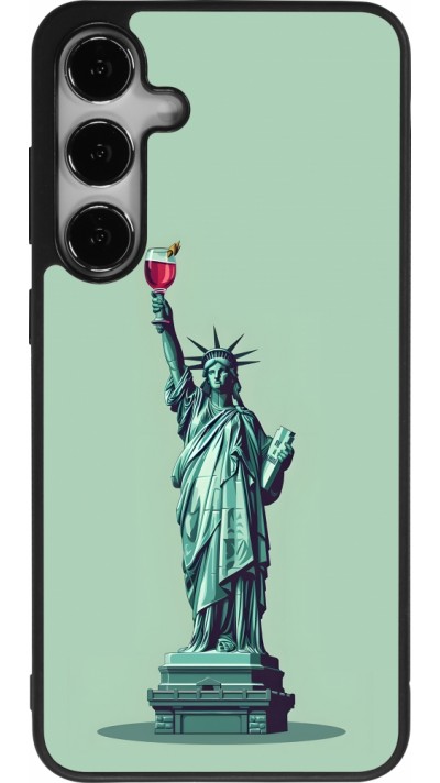 Coque Samsung Galaxy S24+ - Silicone rigide noir Wine Statue de la liberté avec un verre de vin