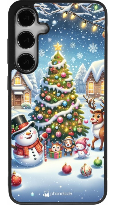 Coque Samsung Galaxy S24+ - Silicone rigide noir Noël 2023 bonhomme de neige et sapin