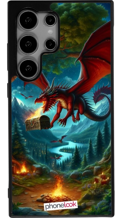 Coque Samsung Galaxy S24 Ultra - Silicone rigide noir Dragon Volant Forêt Trésor