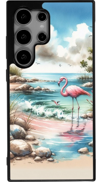 Coque Samsung Galaxy S24 Ultra - Silicone rigide noir Flamant rose aquarelle