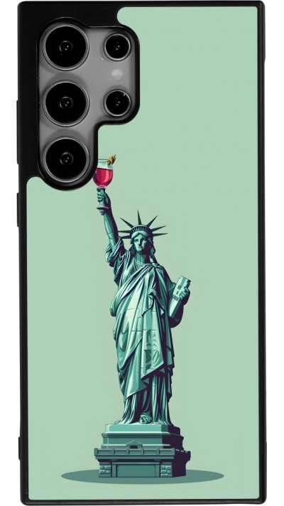 Coque Samsung Galaxy S24 Ultra - Silicone rigide noir Wine Statue de la liberté avec un verre de vin