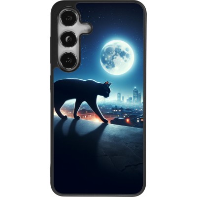 Coque Samsung Galaxy S25 - Silicone rigide noir Chat noir sous la pleine lune
