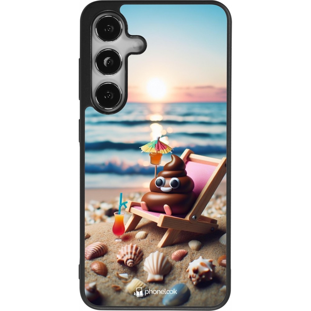 Coque Samsung Galaxy S25 - Silicone rigide noir Emoji caca sur chaise longue