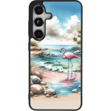 Coque Samsung Galaxy S25 - Silicone rigide noir Flamant rose aquarelle