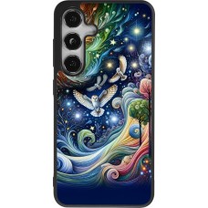 Coque Samsung Galaxy S25 - Silicone rigide noir hibou volant floral