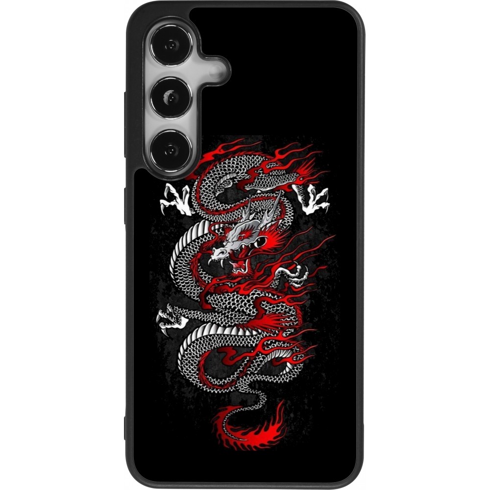 Coque Samsung Galaxy S25 - Silicone rigide noir Japanese style Dragon Tattoo Red Black