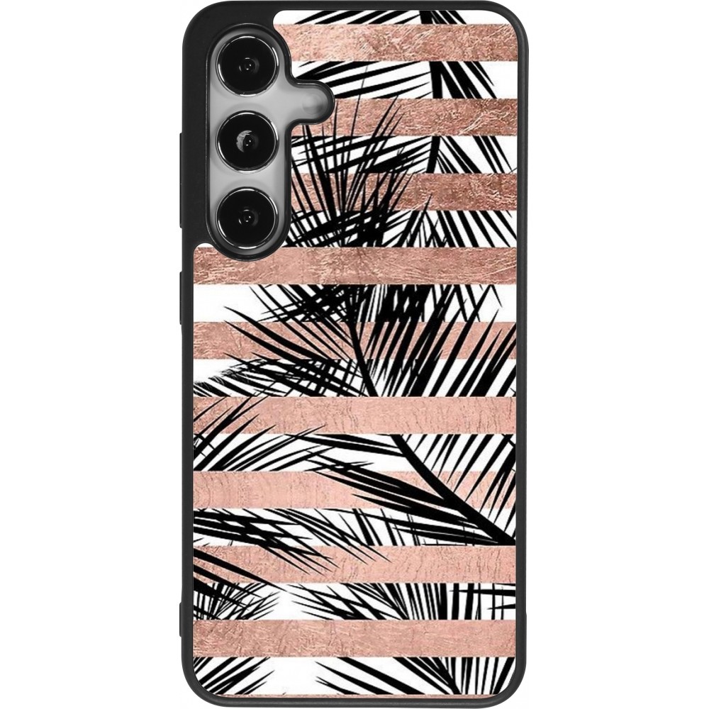 Coque Samsung Galaxy S25 - Silicone rigide noir Palm trees gold stripes