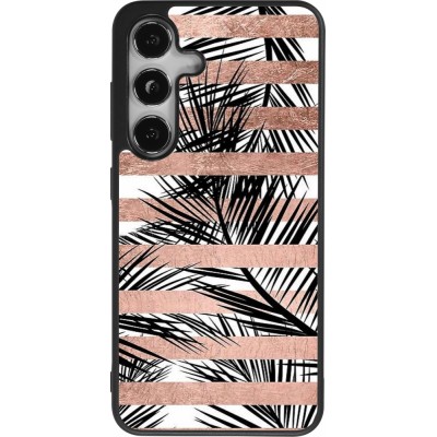 Coque Samsung Galaxy S25 - Silicone rigide noir Palm trees gold stripes