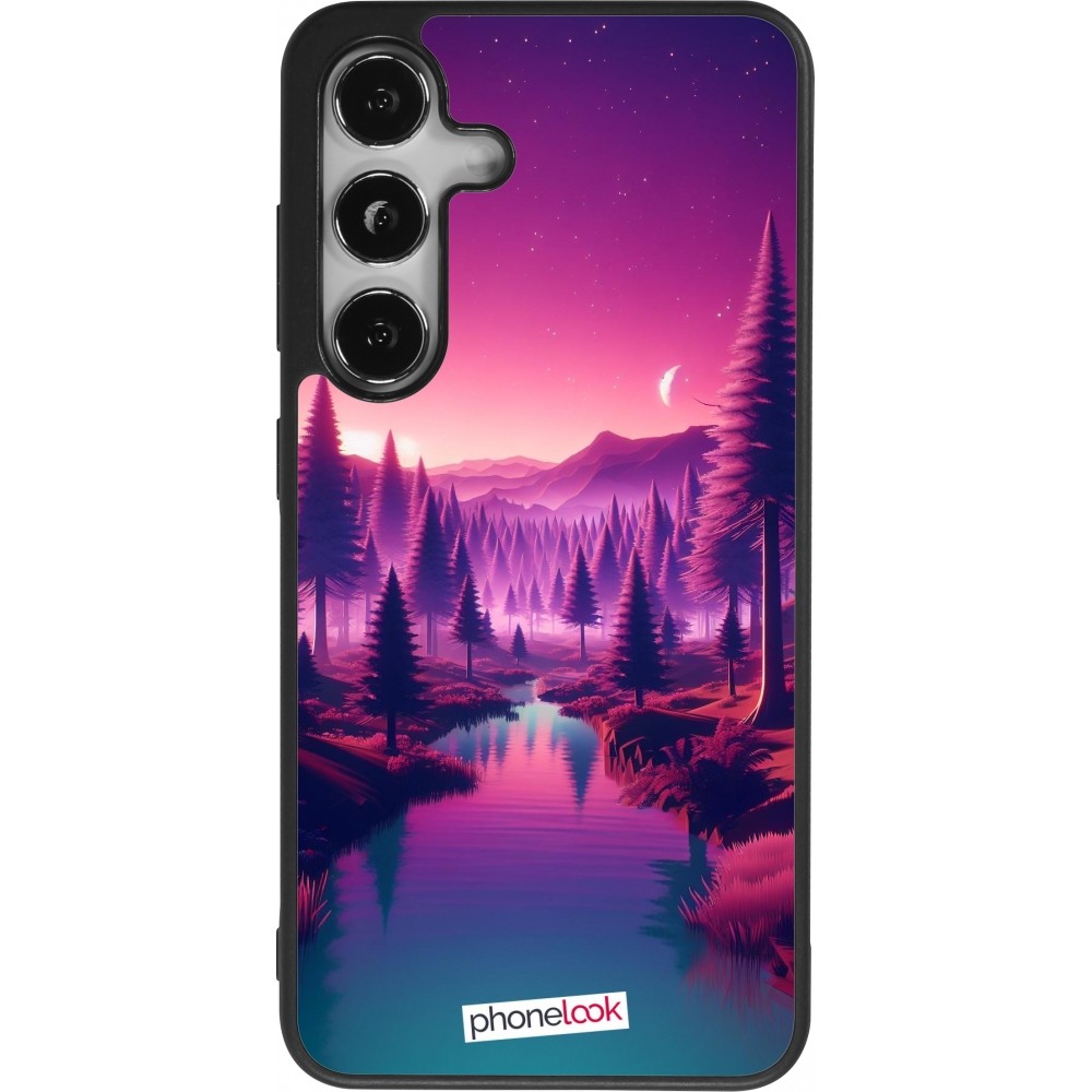 Coque Samsung Galaxy S25 - Silicone rigide noir Paysage Violet-Rose