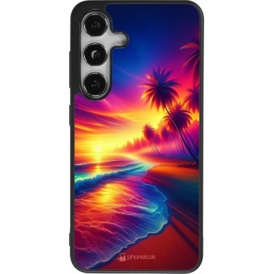 Coque Samsung Galaxy S25 - Silicone rigide noir Plage coucher soleil flashy
