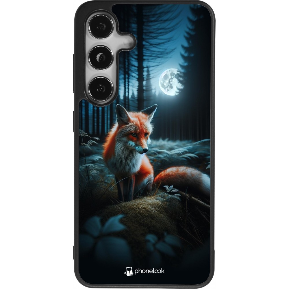 Coque Samsung Galaxy S25 - Silicone rigide noir Renard lune forêt