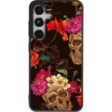 Coque Samsung Galaxy S25 - Silicone rigide noir Skulls and flowers