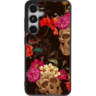 Coque Samsung Galaxy S25 - Silicone rigide noir Skulls and flowers