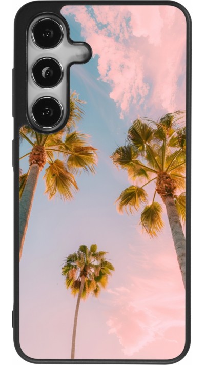 Coque Samsung Galaxy S25 - Silicone rigide noir Summer 2025 Palmiers