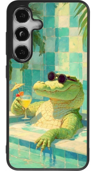 Coque Samsung Galaxy S25 - Silicone rigide noir Crocodile in the swimming pool Summer 2026