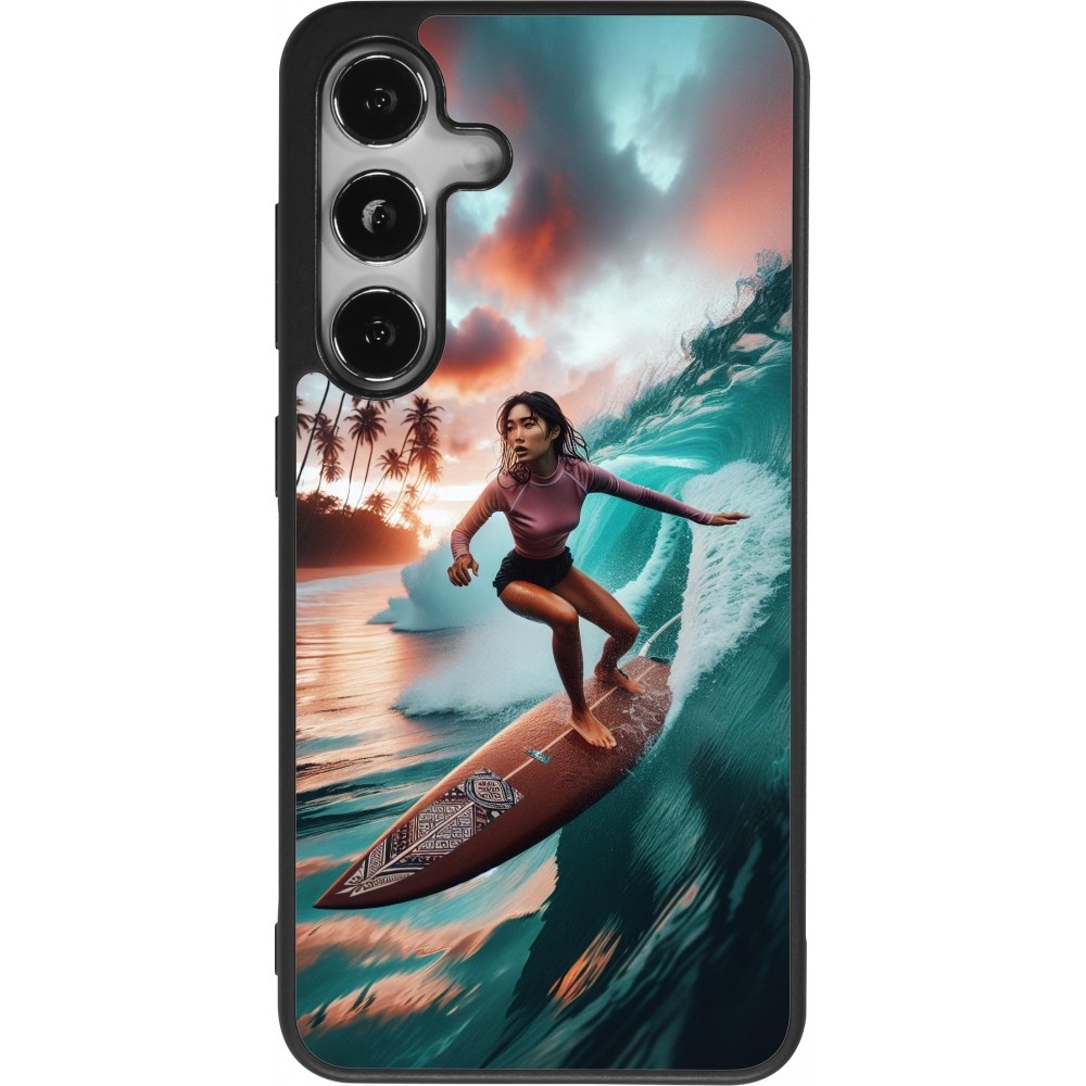 Coque Samsung Galaxy S25 - Silicone rigide noir Surfeuse Balinaise