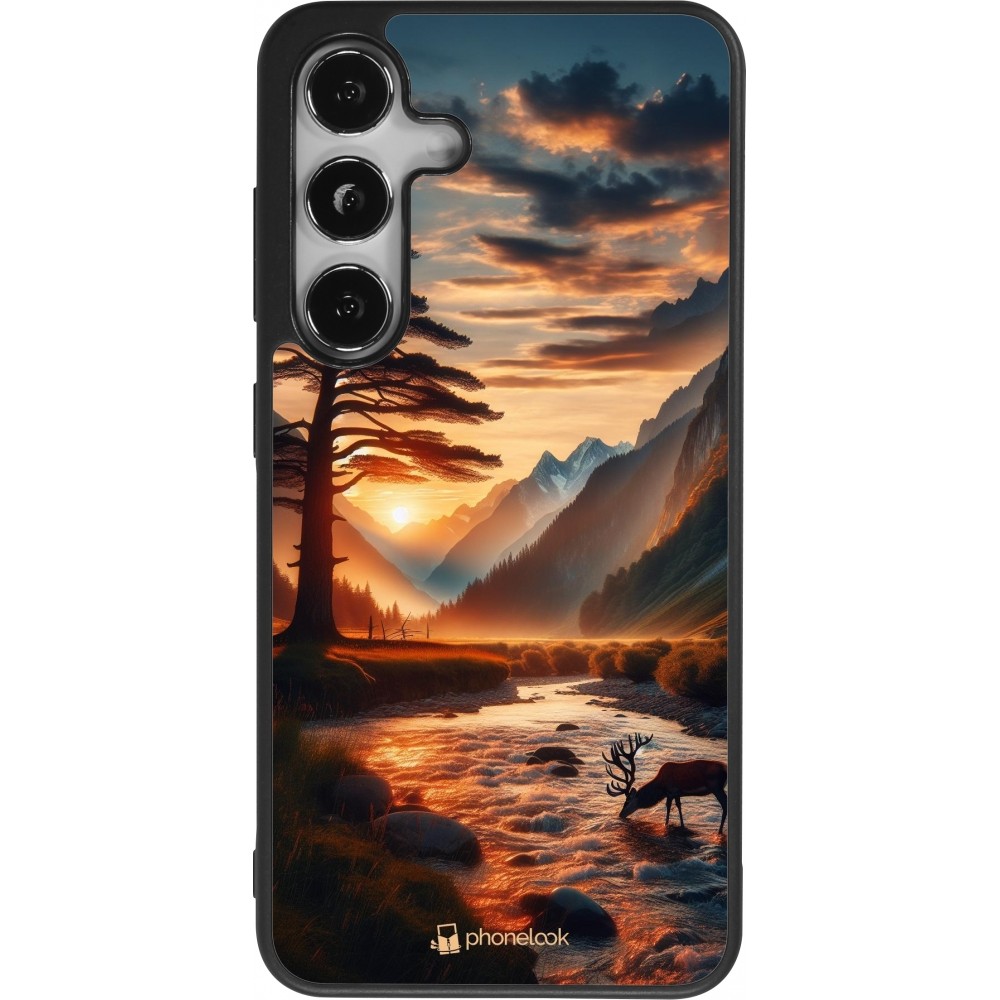 Samsung Galaxy S25 Case Hülle - Silikon schwarz Tal Sonnenuntergang Hirsch Baum
