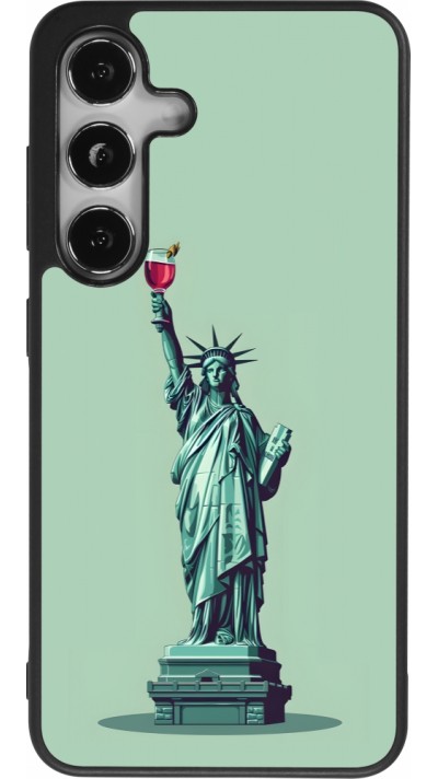 Coque Samsung Galaxy S25 - Silicone rigide noir Wine Statue de la liberté avec un verre de vin