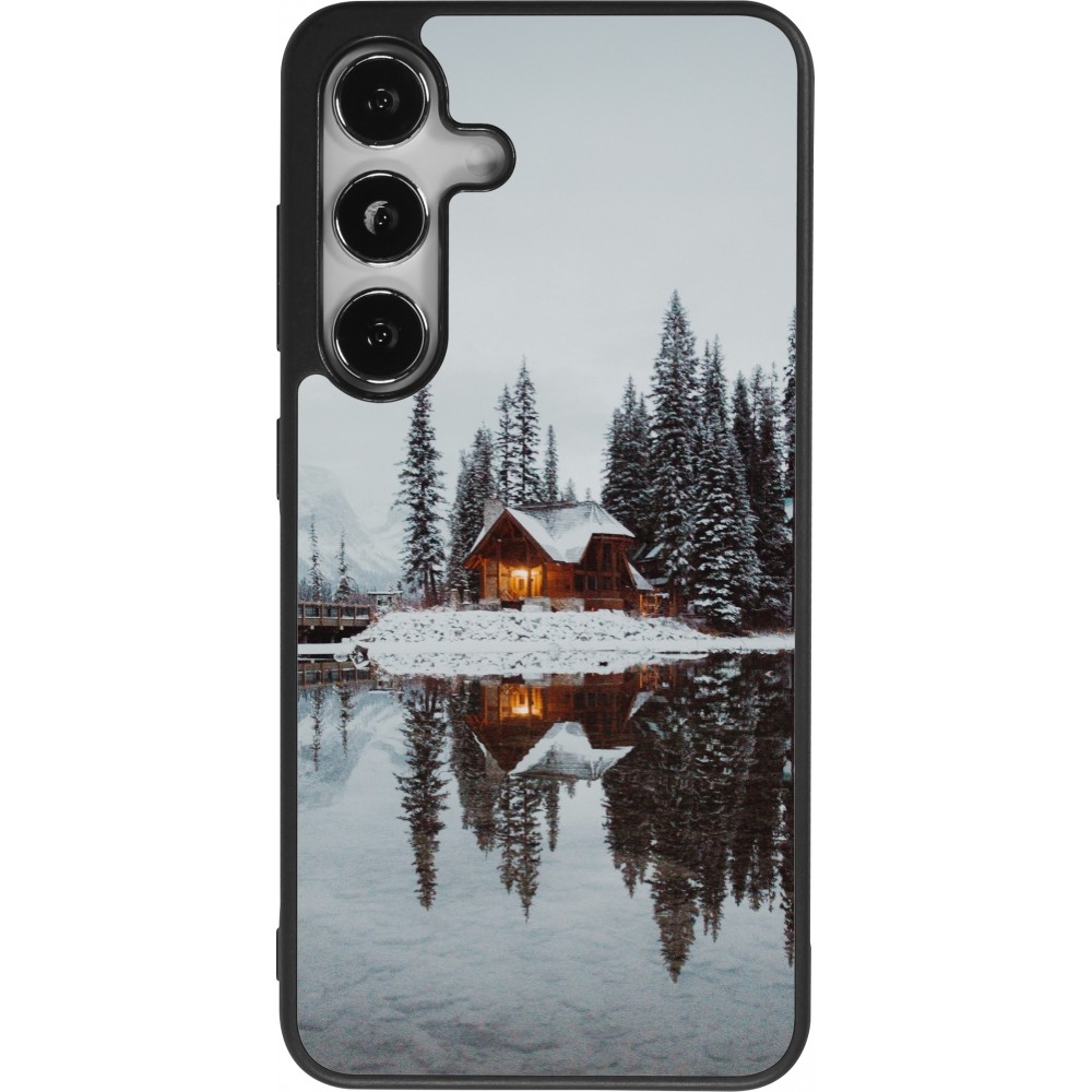 Coque Samsung Galaxy S25 - Silicone rigide noir Winter 25 Winter house forest afternoon