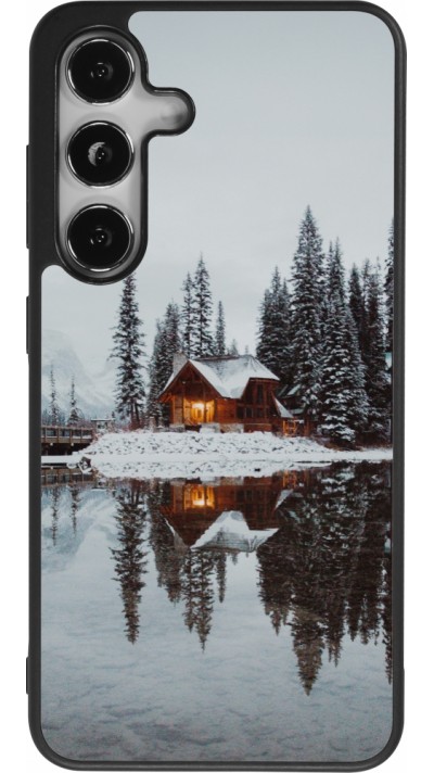 Coque Samsung Galaxy S25 - Silicone rigide noir Winter 25 Winter house forest afternoon