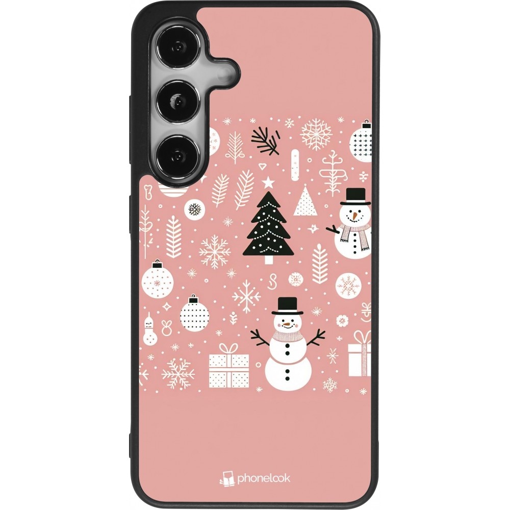 Coque Samsung Galaxy S25 - Silicone rigide noir Noël 2024 Rose Snowman Christmas