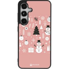 Coque Samsung Galaxy S25 - Silicone rigide noir Noël 2024 Rose Snowman Christmas