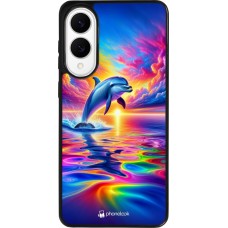 Coque Samsung Galaxy S25 Edge - Silicone rigide noir Dauphin arc-en-ciel heureux