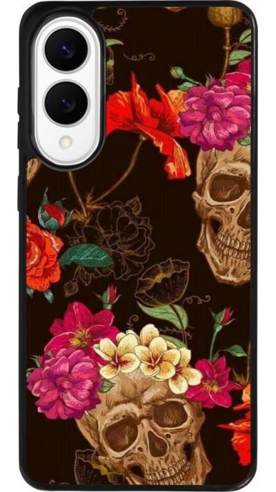 Coque Samsung Galaxy S25 Edge - Silicone rigide noir Skulls and flowers
