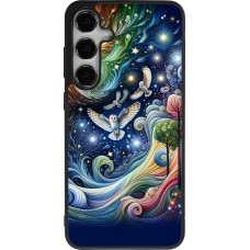 Coque Samsung Galaxy S25+ - Silicone rigide noir hibou volant floral