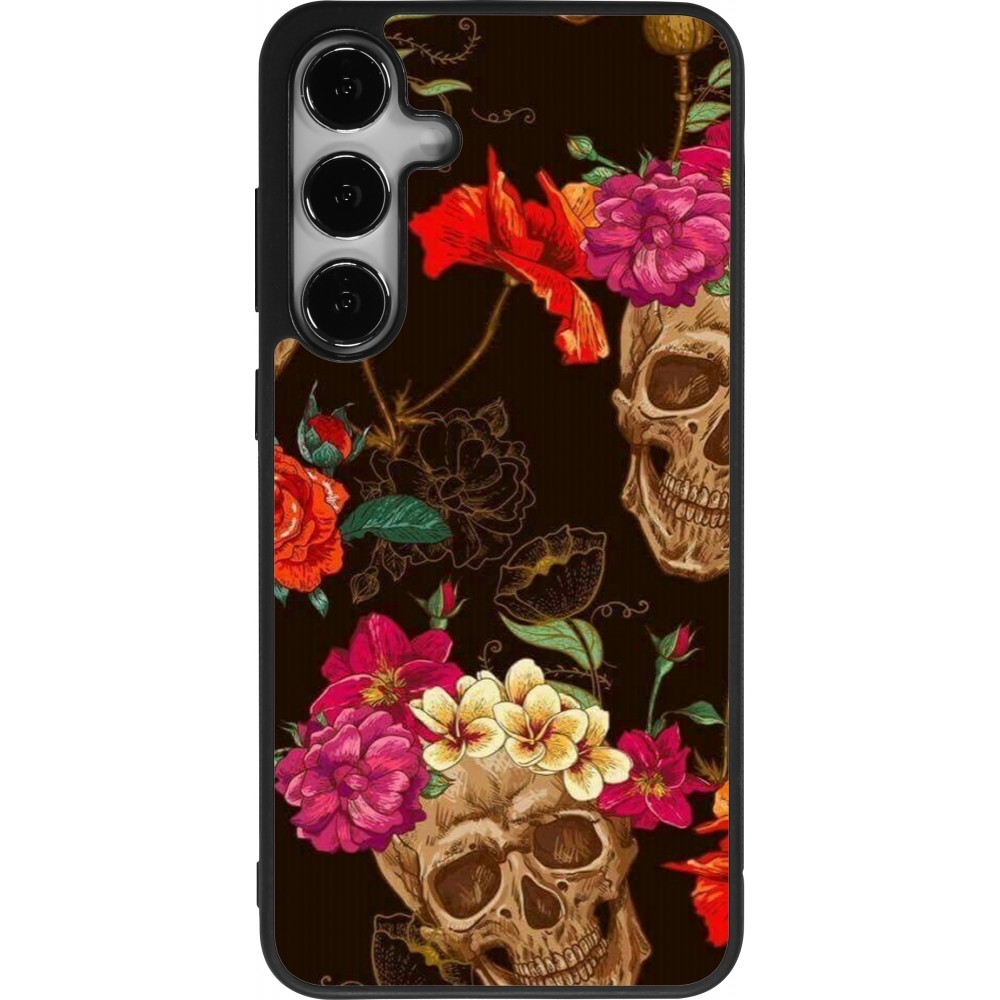 Coque Samsung Galaxy S25+ - Silicone rigide noir Skulls and flowers