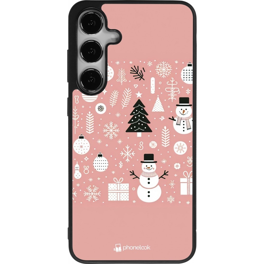 Coque Samsung Galaxy S25+ - Silicone rigide noir Noël 2024 Rose Snowman Christmas