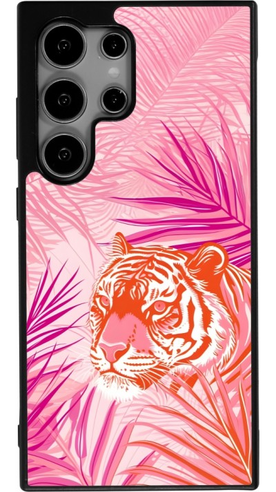 Coque Samsung Galaxy S25 Ultra - Silicone rigide noir Tigre palmiers roses