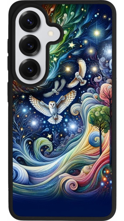 Coque Samsung Galaxy S26 - Silicone rigide noir hibou volant floral