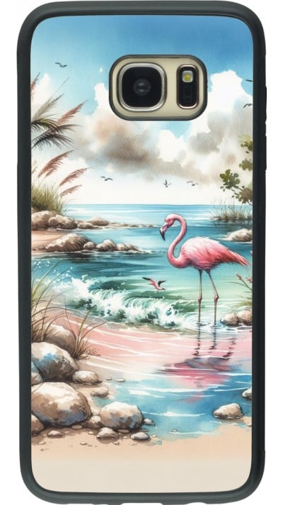 Coque Samsung Galaxy S7 edge - Silicone rigide noir Flamant rose aquarelle