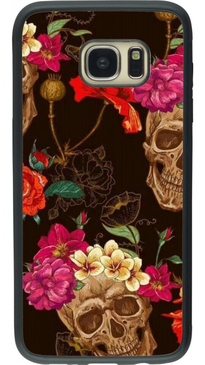 Coque Samsung Galaxy S7 edge - Silicone rigide noir Skulls and flowers