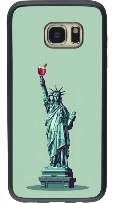 Coque Samsung Galaxy S7 edge - Silicone rigide noir Wine Statue de la liberté avec un verre de vin
