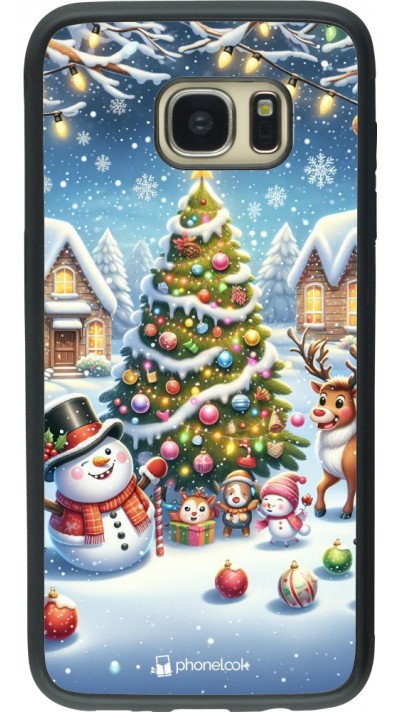 Coque Samsung Galaxy S7 edge - Silicone rigide noir Noël 2023 bonhomme de neige et sapin